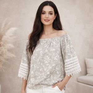 ELLE Rafaella Off Shoulder Linen Floral Top M Crochet Boho Cottagecore